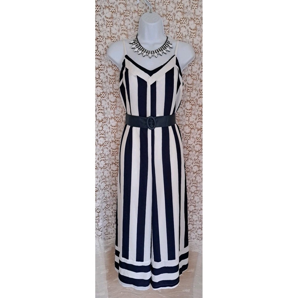 Nikibiki Wide Leg Jumpsuit M Navy Striped Cropped Fully Lined Belted Beachy
